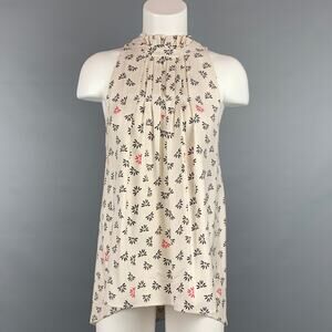 HELLESSY Size 2 Cream & Black Crepe Floral Silk Sleeveless Blouse